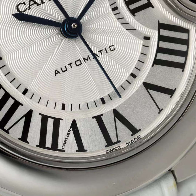 BALLON BLEU DE CARTIER 33 MM WATCH SILVER CASE WITH WHITE LEATHER STRAP