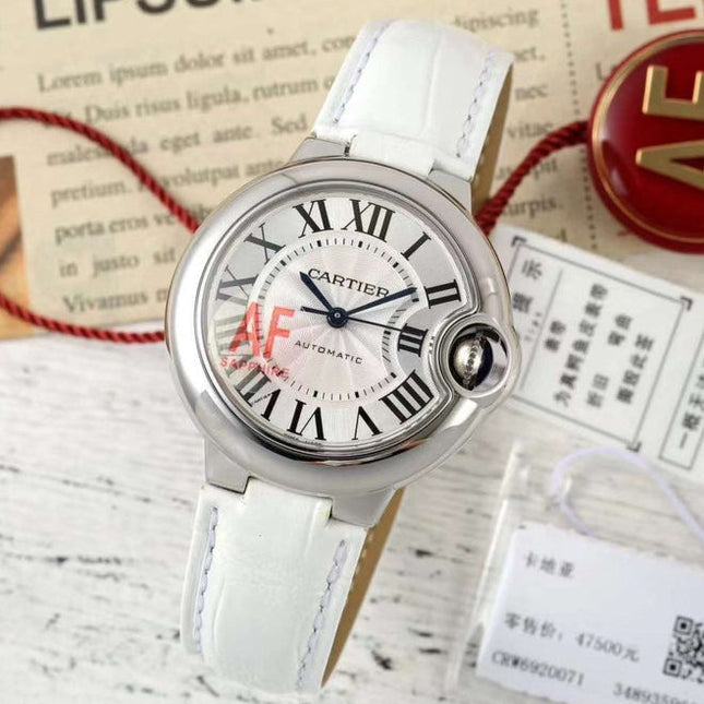 BALLON BLEU DE CARTIER 33 MM WATCH SILVER CASE WITH WHITE LEATHER STRAP