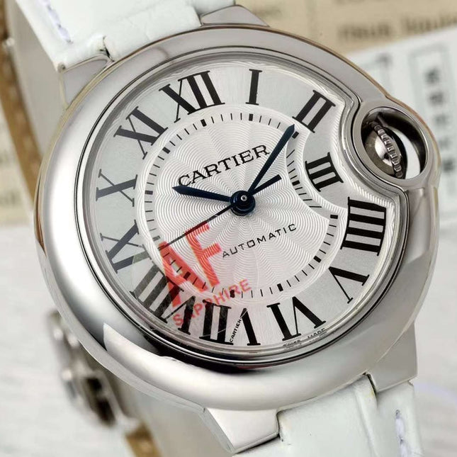 BALLON BLEU DE CARTIER 33 MM WATCH SILVER CASE WITH WHITE LEATHER STRAP