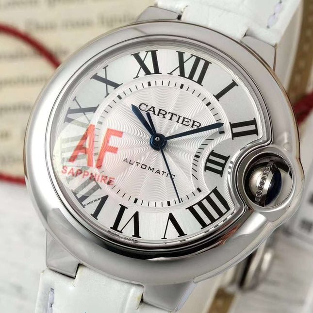 BALLON BLEU DE CARTIER 33 MM WATCH SILVER CASE WITH WHITE LEATHER STRAP