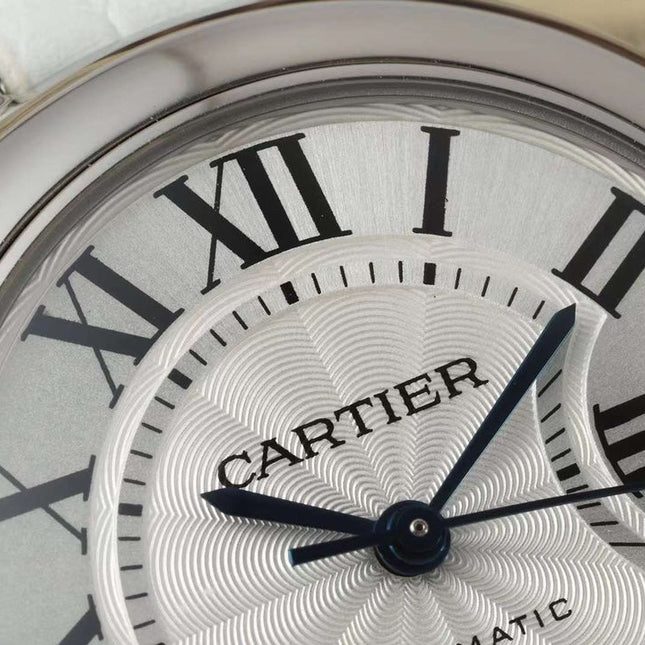BALLON BLEU DE CARTIER 33 MM WATCH SILVER CASE WITH WHITE LEATHER STRAP