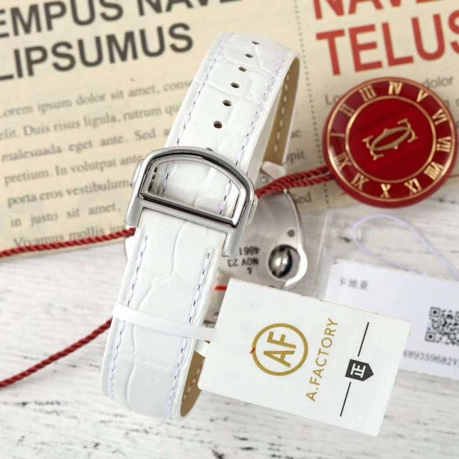 BALLON BLEU DE CARTIER 33 MM WATCH SILVER CASE WITH WHITE LEATHER STRAP