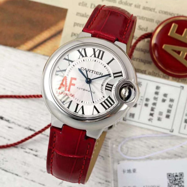 BALLON BLEU DE CARTIER 33 MM WATCH SILVER CASE WITH RUBY RED LEATHER STRAP