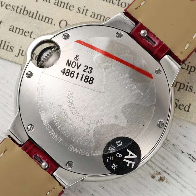 BALLON BLEU DE CARTIER 33 MM WATCH SILVER CASE WITH RUBY RED LEATHER STRAP