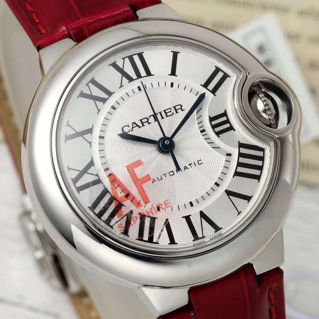 BALLON BLEU DE CARTIER 33 MM WATCH SILVER CASE WITH RUBY RED LEATHER STRAP