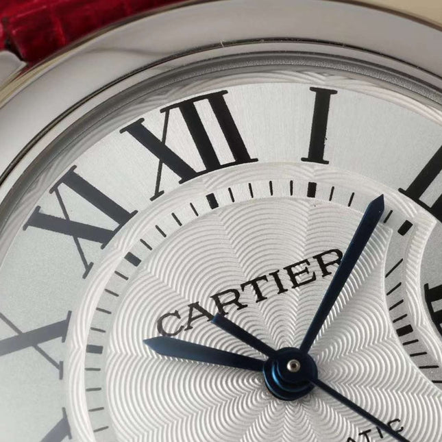 BALLON BLEU DE CARTIER 33 MM WATCH SILVER CASE WITH RUBY RED LEATHER STRAP