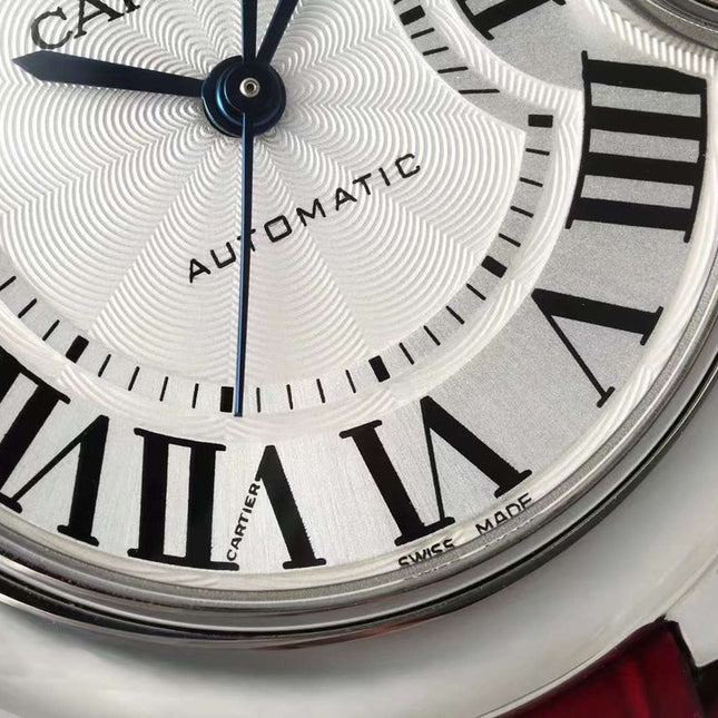 BALLON BLEU DE CARTIER 33 MM WATCH SILVER CASE WITH RUBY RED LEATHER STRAP