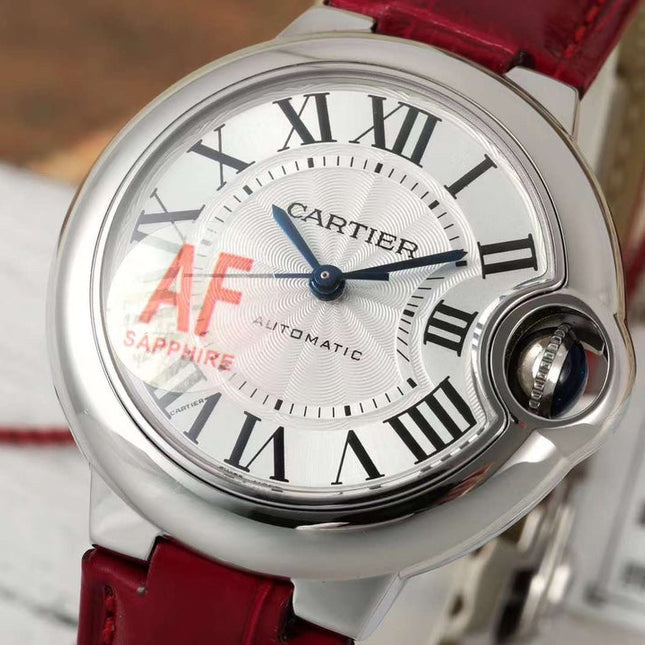 BALLON BLEU DE CARTIER 33 MM WATCH SILVER CASE WITH RUBY RED LEATHER STRAP