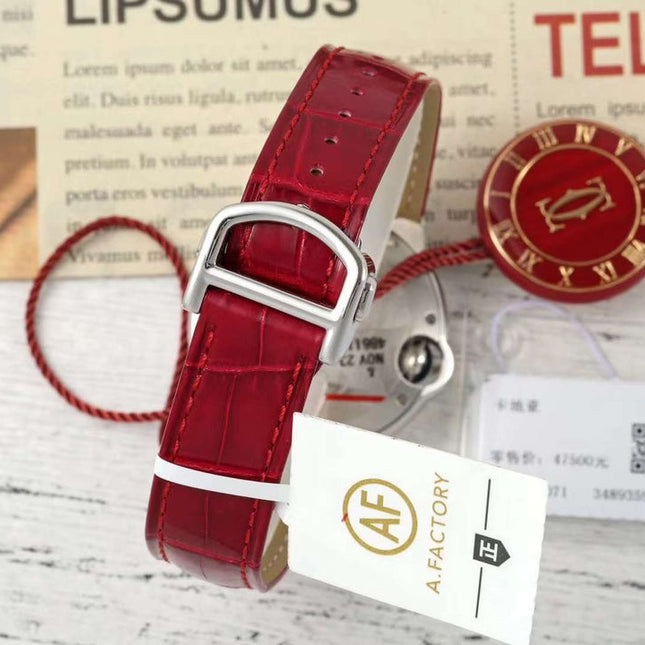 BALLON BLEU DE CARTIER 33 MM WATCH SILVER CASE WITH RUBY RED LEATHER STRAP