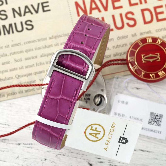 BALLON BLEU DE CARTIER 33 MM WATCH SILVER CASE WITH MAGENTA PURPLE LEATHER STRAP