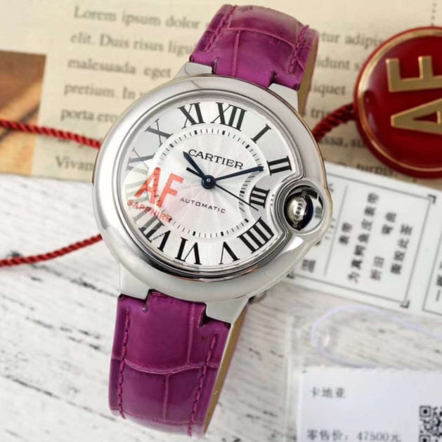 BALLON BLEU DE CARTIER 33 MM WATCH SILVER CASE WITH MAGENTA PURPLE LEATHER STRAP