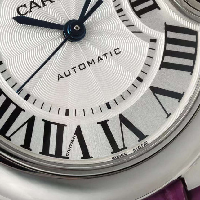 BALLON BLEU DE CARTIER 33 MM WATCH SILVER CASE WITH MAGENTA PURPLE LEATHER STRAP