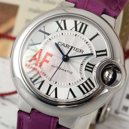 BALLON BLEU DE CARTIER 33 MM WATCH SILVER CASE WITH MAGENTA PURPLE LEATHER STRAP
