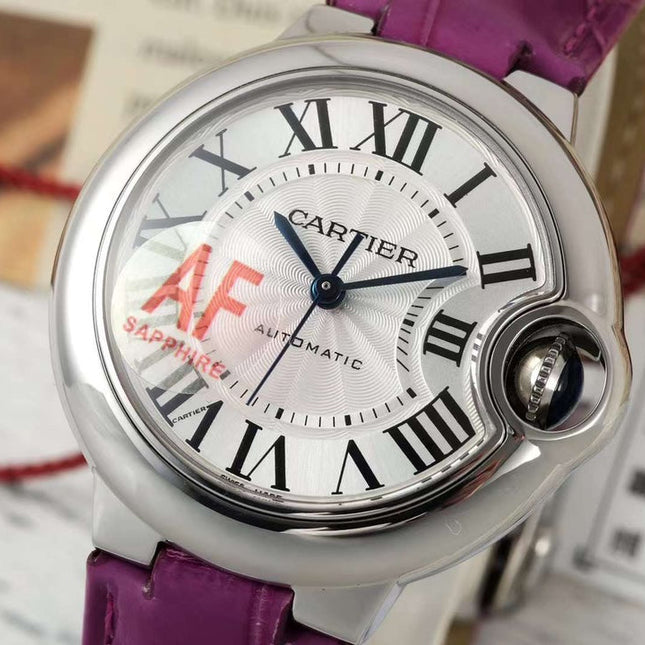 BALLON BLEU DE CARTIER 33 MM WATCH SILVER CASE WITH MAGENTA PURPLE LEATHER STRAP