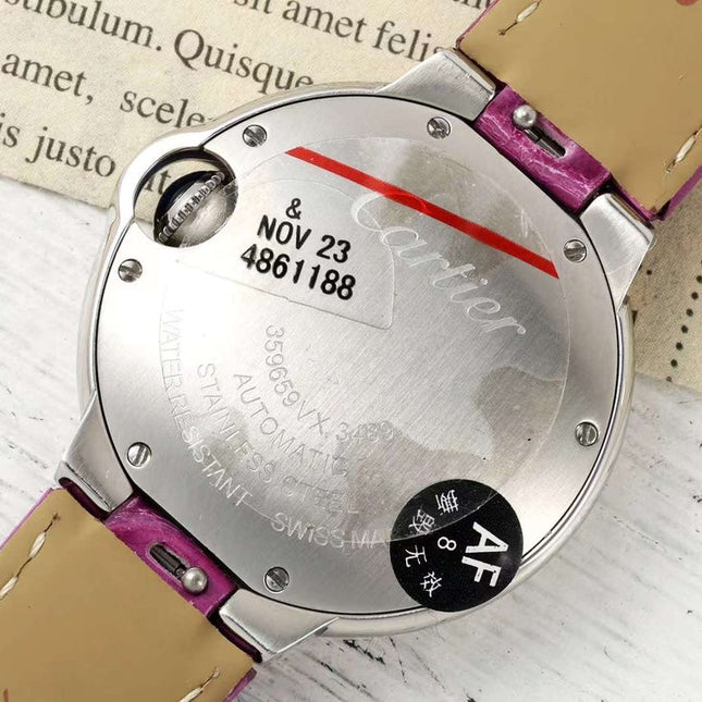 BALLON BLEU DE CARTIER 33 MM WATCH SILVER CASE WITH MAGENTA PURPLE LEATHER STRAP