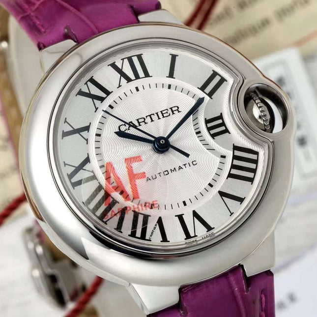 BALLON BLEU DE CARTIER 33 MM WATCH SILVER CASE WITH MAGENTA PURPLE LEATHER STRAP