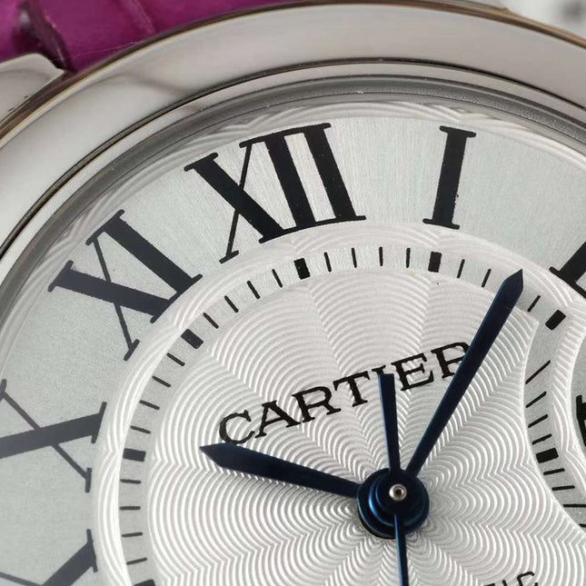 BALLON BLEU DE CARTIER 33 MM WATCH SILVER CASE WITH MAGENTA PURPLE LEATHER STRAP