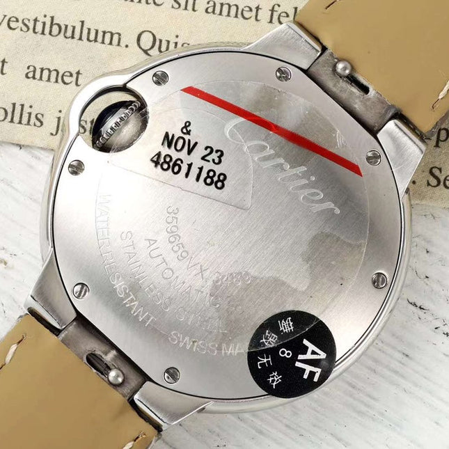 BALLON BLEU DE CARTIER 33 MM WATCH SILVER CASE WITH CEDAR BROWN LEATHER STRAP