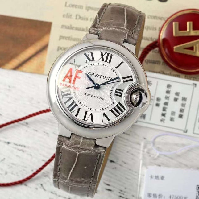 BALLON BLEU DE CARTIER 33 MM WATCH SILVER CASE WITH CEDAR BROWN LEATHER STRAP