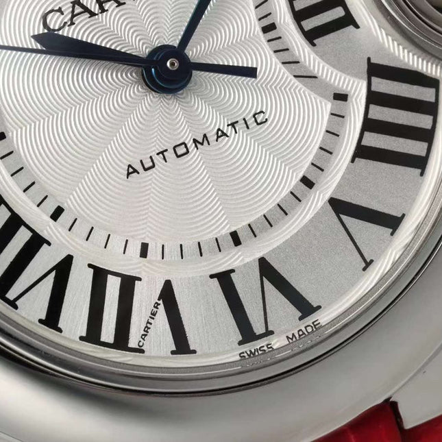 BALLON BLEU DE CARTIER 33 MM WATCH SILVER CASE WITH CRIMSON RED LEATHER STRAP