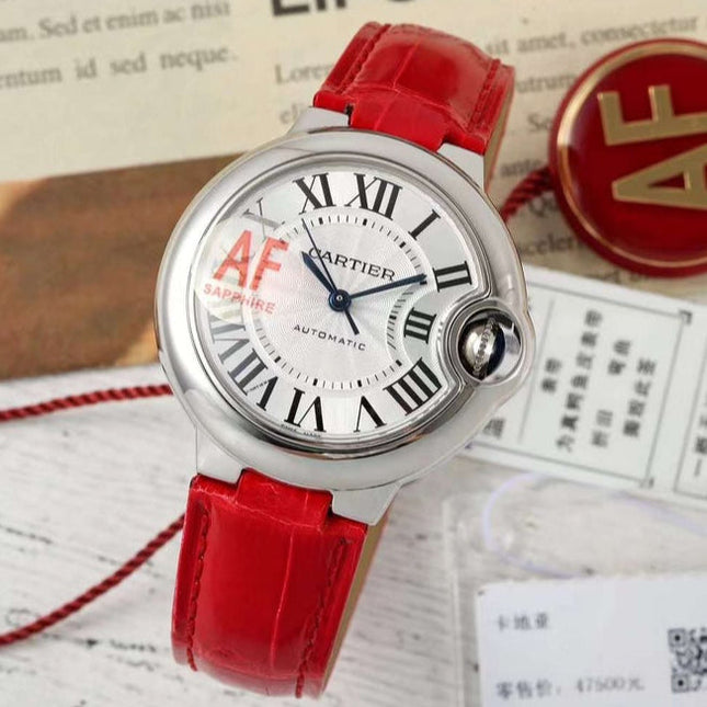 BALLON BLEU DE CARTIER 33 MM WATCH SILVER CASE WITH CRIMSON RED LEATHER STRAP