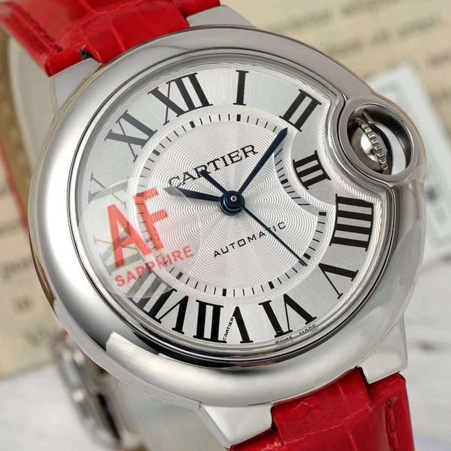 BALLON BLEU DE CARTIER 33 MM WATCH SILVER CASE WITH CRIMSON RED LEATHER STRAP