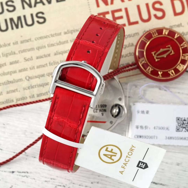 BALLON BLEU DE CARTIER 33 MM WATCH SILVER CASE WITH CRIMSON RED LEATHER STRAP