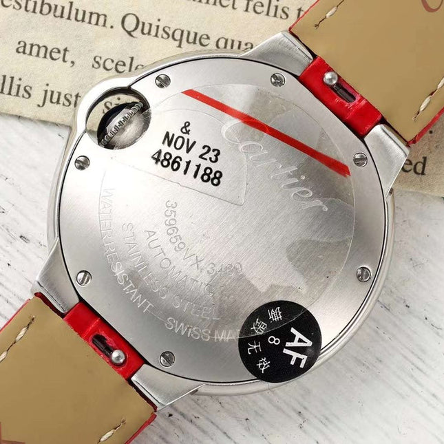 BALLON BLEU DE CARTIER 33 MM WATCH SILVER CASE WITH CRIMSON RED LEATHER STRAP