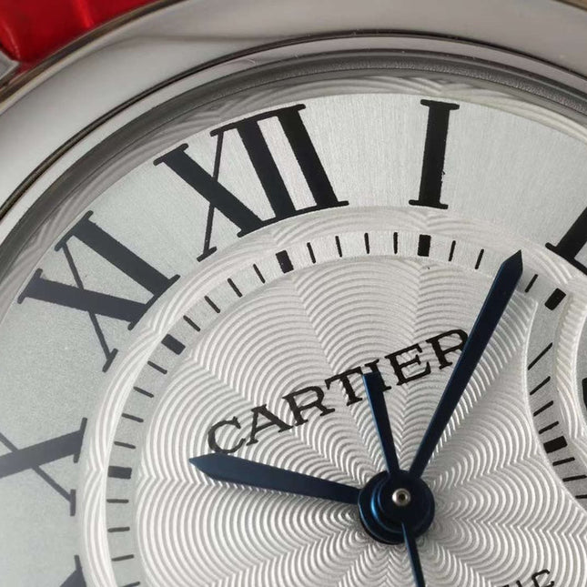 BALLON BLEU DE CARTIER 33 MM WATCH SILVER CASE WITH CRIMSON RED LEATHER STRAP
