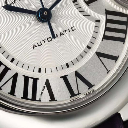 BALLON BLEU DE CARTIER 33 MM WATCH SILVER CASE WITH DEEP VIOLET LEATHER STRAP
