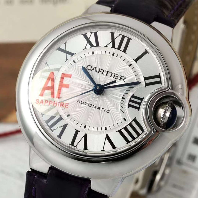 BALLON BLEU DE CARTIER 33 MM WATCH SILVER CASE WITH DEEP VIOLET LEATHER STRAP