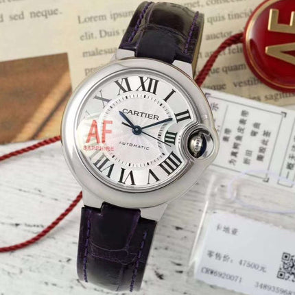BALLON BLEU DE CARTIER 33 MM WATCH SILVER CASE WITH DEEP VIOLET LEATHER STRAP