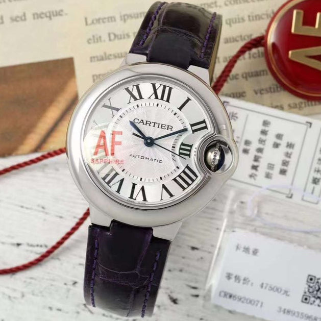 BALLON BLEU DE CARTIER 33 MM WATCH SILVER CASE WITH DEEP VIOLET LEATHER STRAP