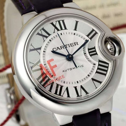 BALLON BLEU DE CARTIER 33 MM WATCH SILVER CASE WITH DEEP VIOLET LEATHER STRAP