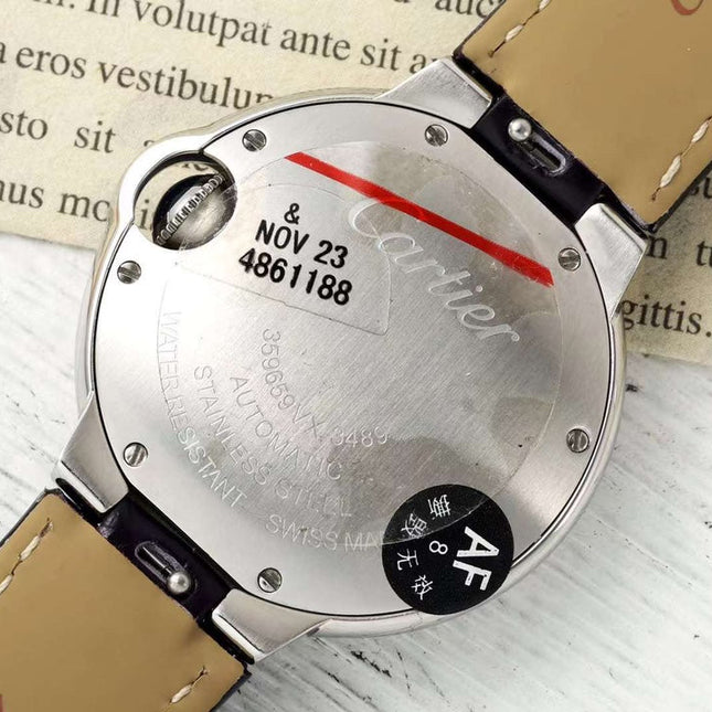 BALLON BLEU DE CARTIER 33 MM WATCH SILVER CASE WITH DEEP VIOLET LEATHER STRAP