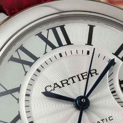 BALLON BLEU DE CARTIER 33 MM WATCH SILVER CASE WITH CHERRY RED LEATHER STRAP