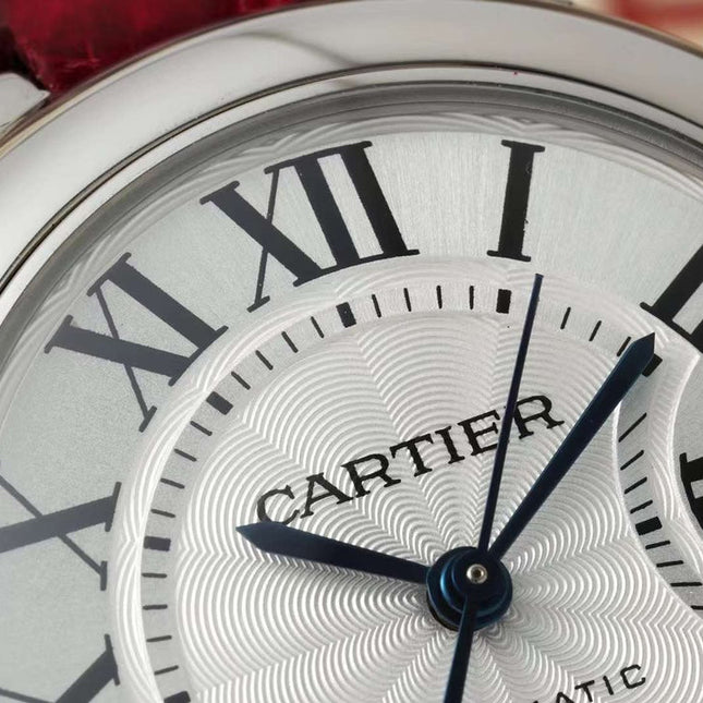 BALLON BLEU DE CARTIER 33 MM WATCH SILVER CASE WITH CHERRY RED LEATHER STRAP