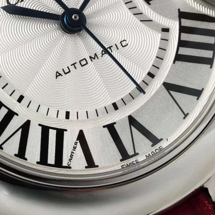 BALLON BLEU DE CARTIER 33 MM WATCH SILVER CASE WITH CHERRY RED LEATHER STRAP