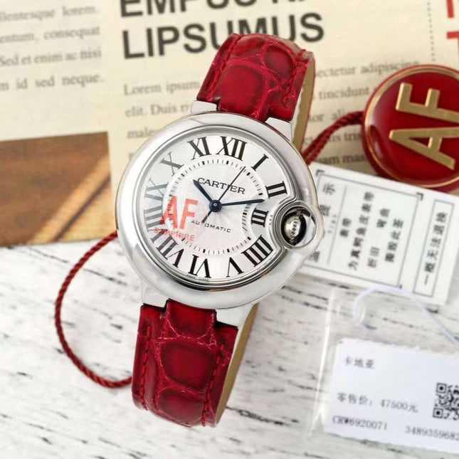 BALLON BLEU DE CARTIER 33 MM WATCH SILVER CASE WITH CHERRY RED LEATHER STRAP