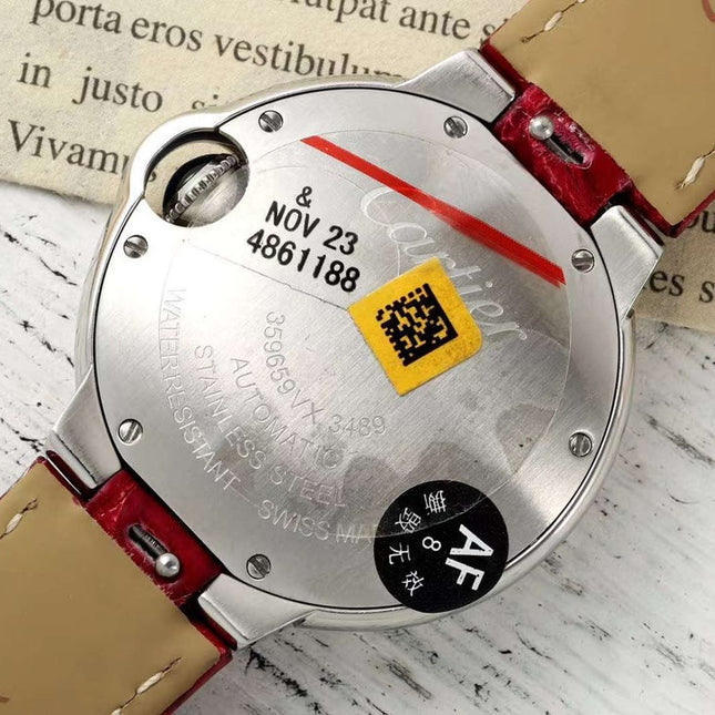 BALLON BLEU DE CARTIER 33 MM WATCH SILVER CASE WITH CHERRY RED LEATHER STRAP