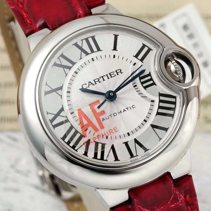 BALLON BLEU DE CARTIER 33 MM WATCH SILVER CASE WITH CHERRY RED LEATHER STRAP