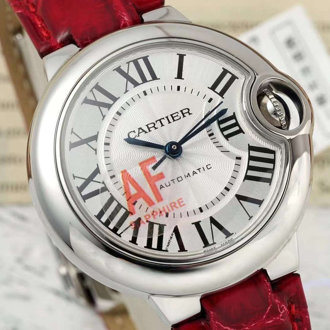 BALLON BLEU DE CARTIER 33 MM WATCH SILVER CASE WITH CHERRY RED LEATHER STRAP