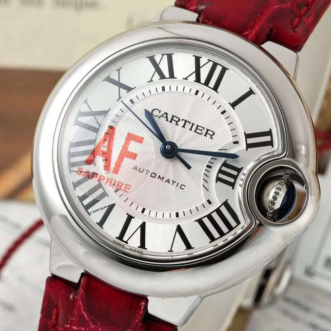 BALLON BLEU DE CARTIER 33 MM WATCH SILVER CASE WITH CHERRY RED LEATHER STRAP