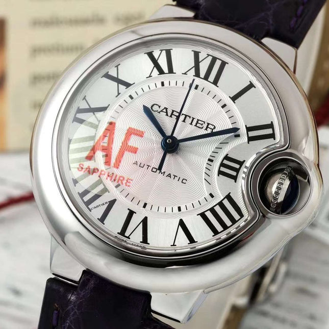 BALLON BLEU DE CARTIER 33 MM WATCH SILVER CASE WITH MIDNIGHT PURPLE LEATHER STRAP