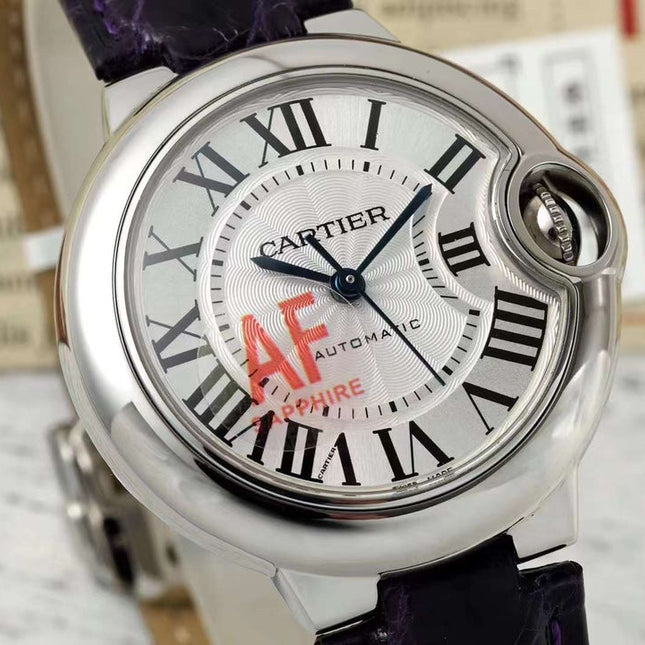 BALLON BLEU DE CARTIER 33 MM WATCH SILVER CASE WITH MIDNIGHT PURPLE LEATHER STRAP