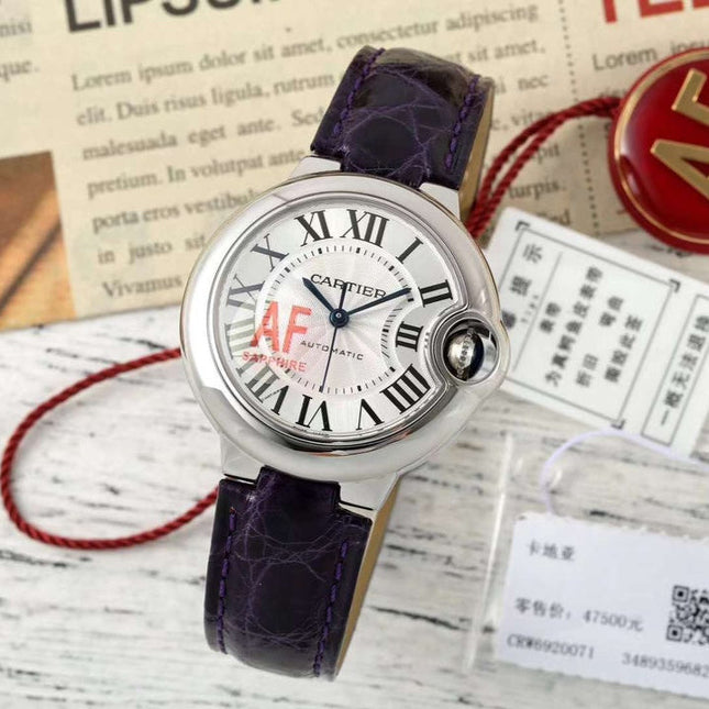 BALLON BLEU DE CARTIER 33 MM WATCH SILVER CASE WITH MIDNIGHT PURPLE LEATHER STRAP
