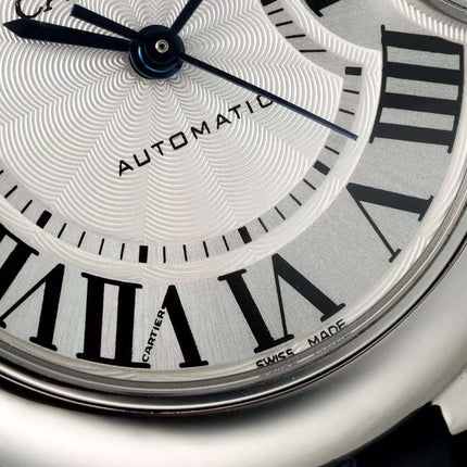 BALLON BLEU DE CARTIER 33 MM WATCH SILVER CASE WITH BLACK LEATHER STRAP