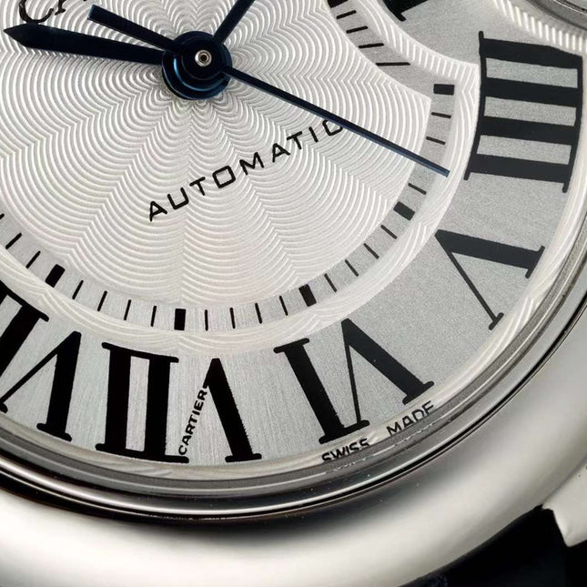BALLON BLEU DE CARTIER 33 MM WATCH SILVER CASE WITH BLACK LEATHER STRAP