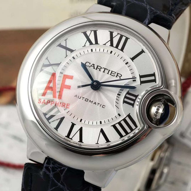 BALLON BLEU DE CARTIER 33 MM WATCH SILVER CASE WITH BLACK LEATHER STRAP
