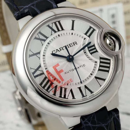 BALLON BLEU DE CARTIER 33 MM WATCH SILVER CASE WITH BLACK LEATHER STRAP